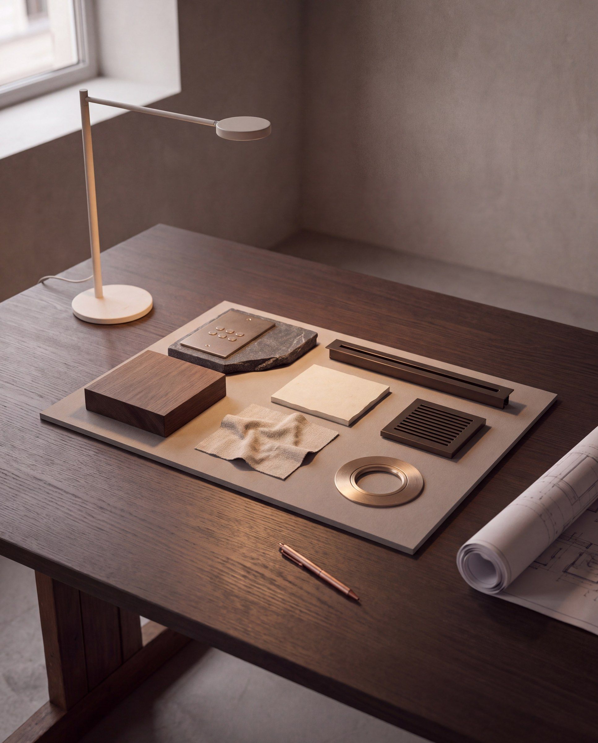 Materiaalstalen van walnoot, steen, kalksteen, linnen en brons op een donkere eiken tafel, met een bureaulamp, een koperkleurige pen en een opgerold bouwplan