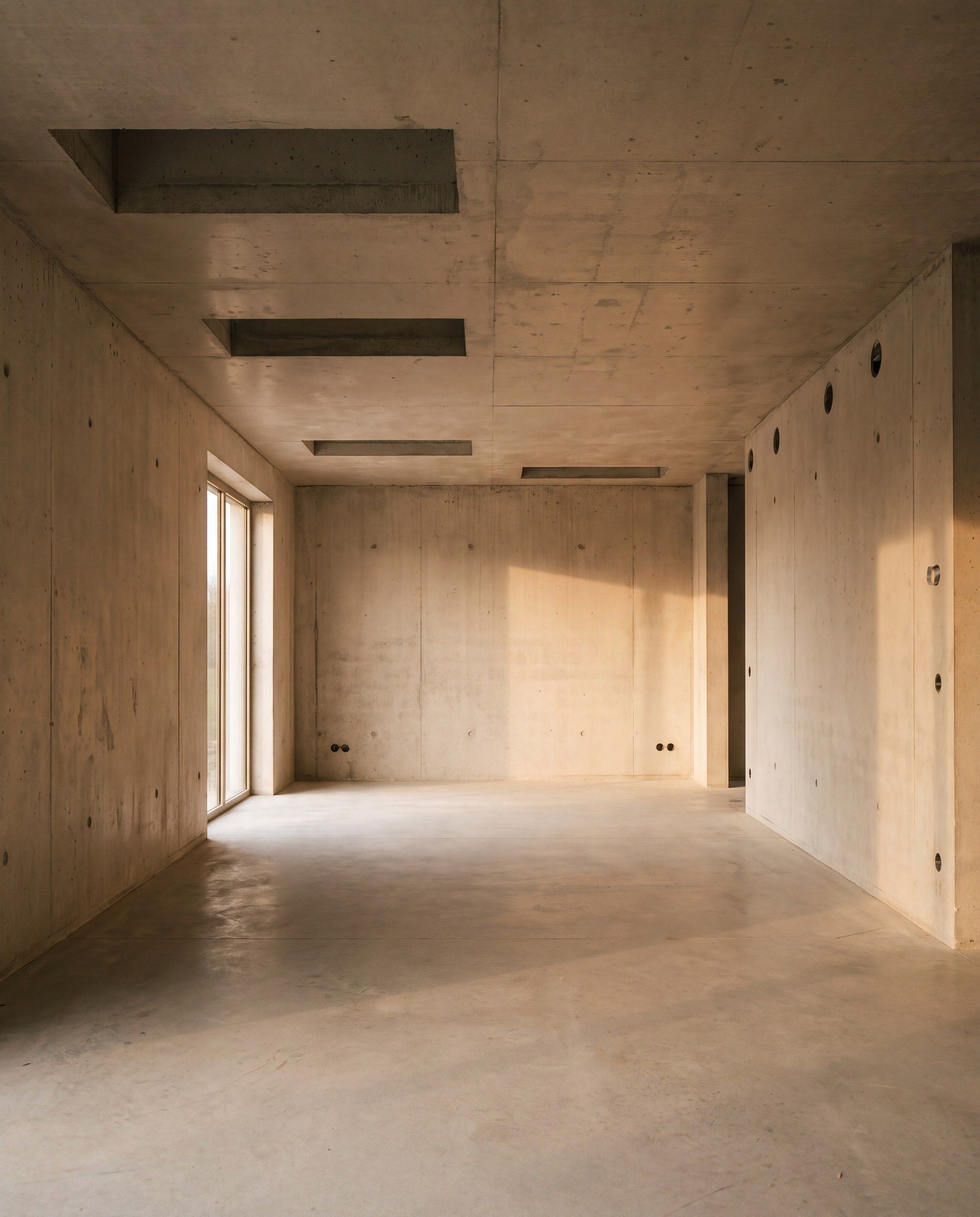 Ruwbouwruimte in zichtbaar beton met rechthoekige uitsparingen in het plafond, een hoog raam en warm licht op de wanden